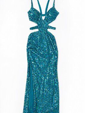Vintage Sean Collection 4 Teal Blue 100% Silk Sequins Strappy Vintage Gown
